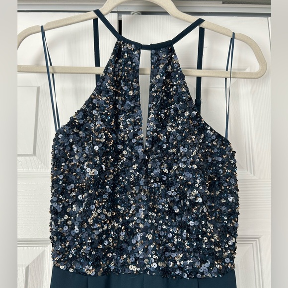 High Neck Navy Chiffon Jumpsuit with Sequin Bodice - Picture 2 of 4